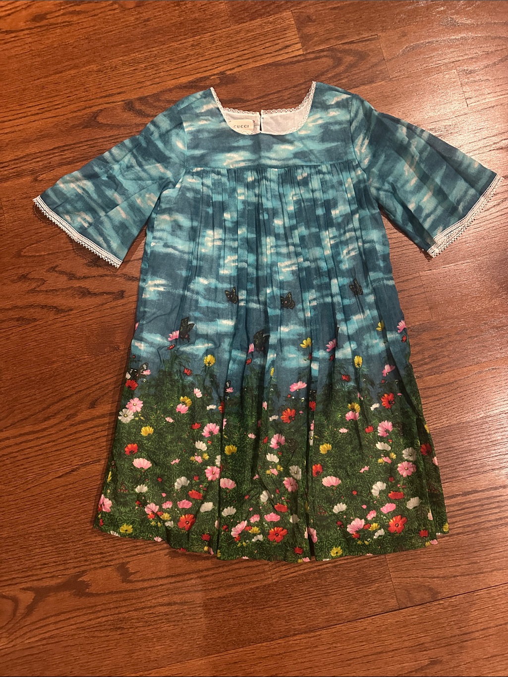 Gucci Girls Teal And Green Floral Meadow Dress